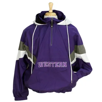 Purple full zip jacket with drawstring hood and front pockets. "Western" on the front.