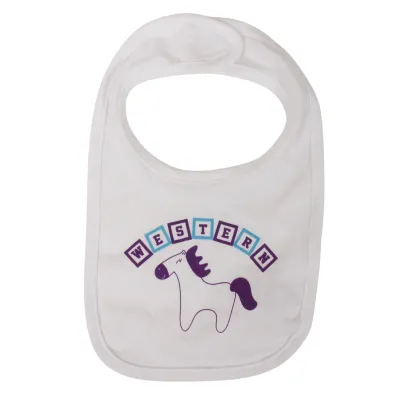 White bib with Western in block font and mustang horse graphic.