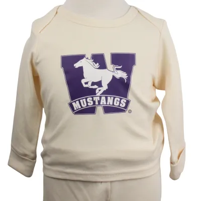 Eggnog cream baby long sleeve shirt with Mustangs logo on the front.