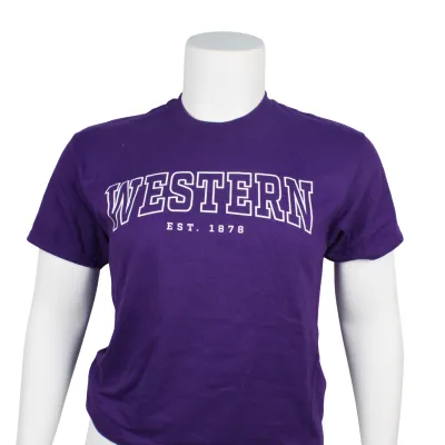 Purple tee with screen printed "Western Est. 1878" script in white.