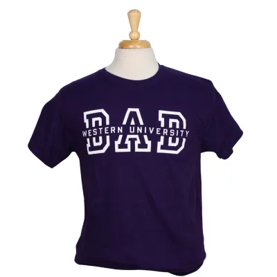 Purple tee with "Western University Dad" script graphic screen printed on the front chest.