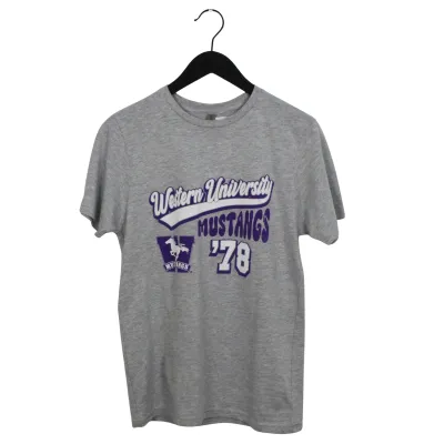 Grey tee with "Western University Mustangs '78" script graphic with the Mustangs logo screen printed on the front chest. 