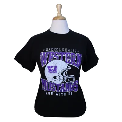 Black tee with Western Mustangs Vanier Cup graphic printed on the front.
