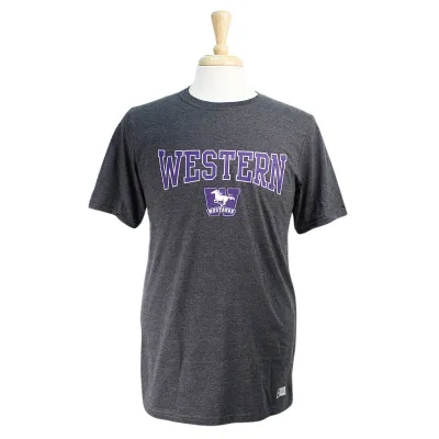 Charcoal t-shirt with 'Western' and Mustangs logo screened in white and purple.