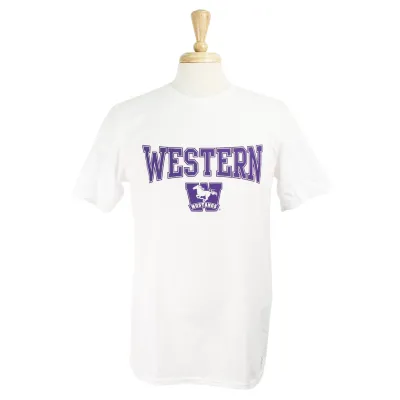 White tee with "Western" and Mustangs logo printed on the front. 