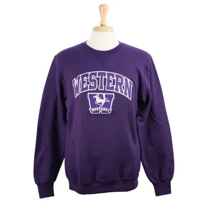 Purple crew neck. Appliqued 'Western' twill font, sublimated Mustangs logo embroidered in white and purple. 