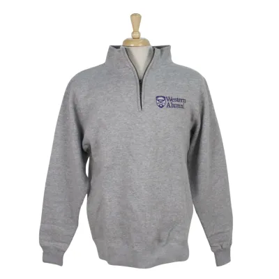 Grey 1/4 zip with Western Alumni and Crest logo embroidered on the left chest.