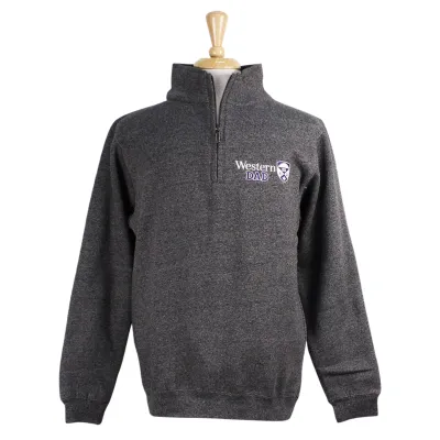Charcoal pepper 1/4 zip with embroidered 'Western Dad' and crest in white and purple on the left chest.