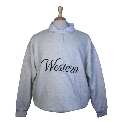Grey polo sweatshirt with collar and Western University embroidered on the front.