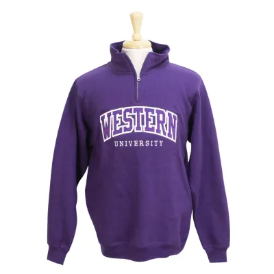 1/4 zip with "Western' twill font and appliqued in white and purple. 'University' embroidered underneath. 