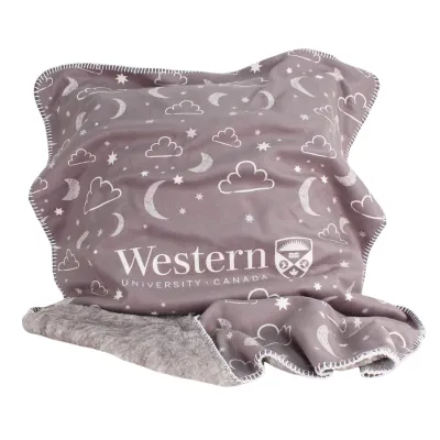 Infant blanket with Western crest logo and moons, starts and clouds design. Soft underside.