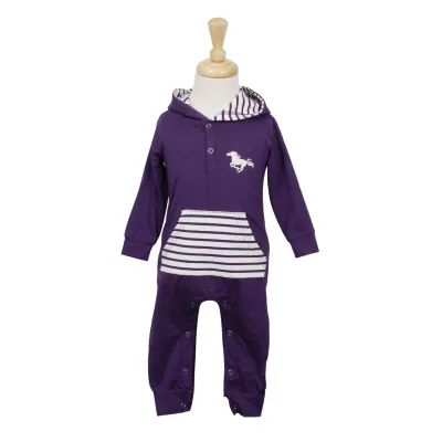 Purple striped baby sleeper with Mustangs logo on the front and on the back of the bum.