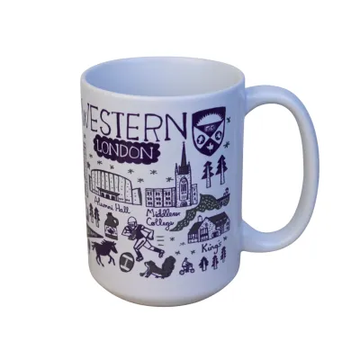 White mug with Julia Gash's Western campus art.