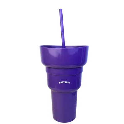 Purple tumbler with straw and food compartment add on. Western printed on front.