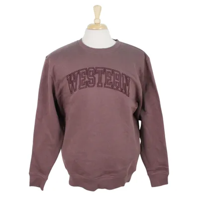 Smoked purple crewneck with embroidered puff Western script.