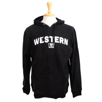 Black hoodie with "Western" script and Mustangs logo on the front.