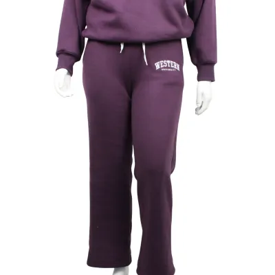 Blackberry purple wide leg sweat pant with "Western university" embroidered on the left leg. 