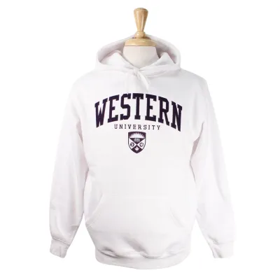 White hood with front pocket. 'Western' appliqued font in dark purple felt.  'University' and crest embroidered in white and purple.