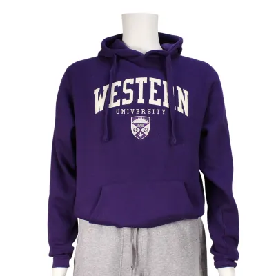 Purple hood with felt 'western university' on the front with crest logo. 