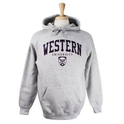 Grey hood with front pocket. 'Western' appliqued font in dark purple felt.  'University' and crest embroidered in white and purple. 