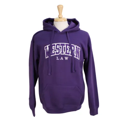 Purple hood with front pocket. Appliqued purple and white 'Western' twill font and embroidered 'Law' in white. 