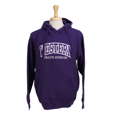 Purple hood with front pocket. Appliqued purple and white 'Western' twill font and embroidered 'Health Sciences' in white.