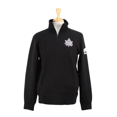 Black Roots 1/4 zip with 'Roots' logo on the left arm and embroidered western university leaf felt patch on the left chest.