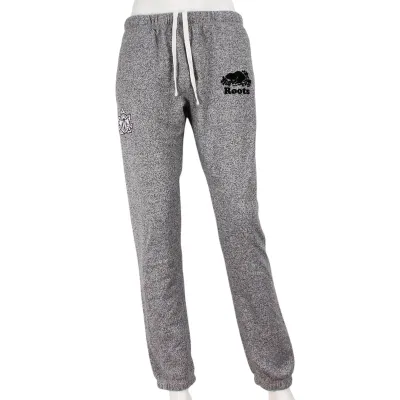 Salt & Pepper Roots sweatpants with front drawstring and pockets. Embroidered western university leaf felt patch on the front of right leg and 'Roots' logo on the front of left leg.