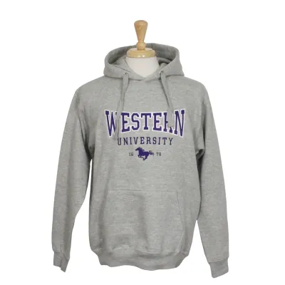 Athletic grey hood with "Western" appliqued on the front. "University 1878" and Mustangs logo embroidered underneath.