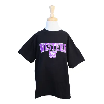 Black tee with "Western" script and the Mustangs logo printed on the front.