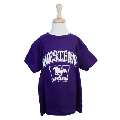 Purple tee with "Western" script and Mustangs logo printed on the front. 