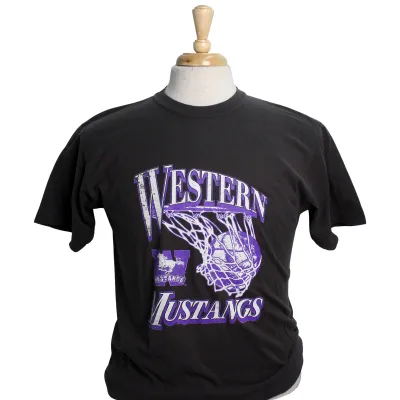 Black tee with vintage basketball graphic printed on the front.