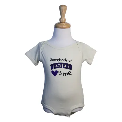 Heather beige baby onesie with "Somebody at Western love's me" script printed on the front. 