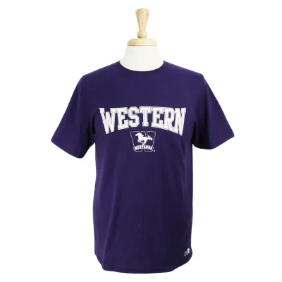 Purple dri-power t-shirt with odor protection and UPF30+. 'Western' and Mustangs logo screened in white. 