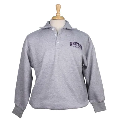 Oxford grey polo sweatshirt with "Western University" script embroidered on the left chest.