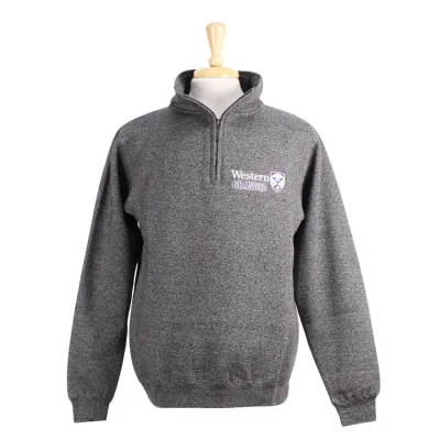 Charcoal pepper 1/4 zip with embroidered 'Western Grandpa' and crest in white and purple on the left chest.