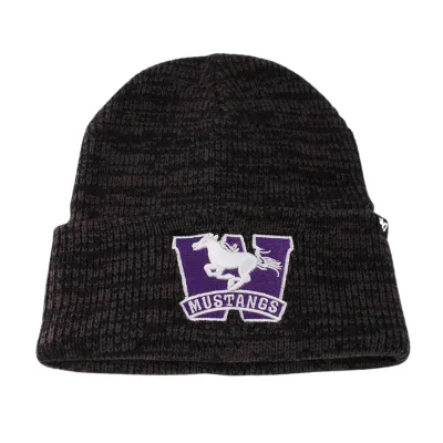 Black heather knit toque with Mustangs logo on front in purple and white. Made with 100% acrylic fabric. One size.