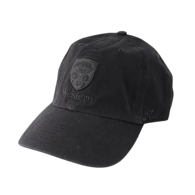 Black hat with 'Western' and stacked crest embroidered in black on front. Adjustable tuck strap with snap closure. Made with 100% cotton. One size.