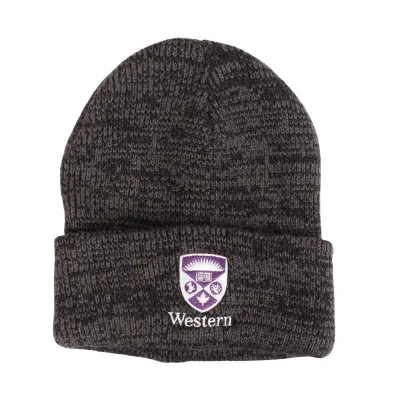 Black heather knit toque with 'Western' and stacked crest embroidered on front in purple and white. One size.