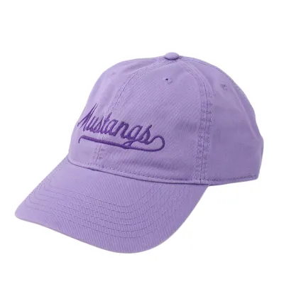 Lavender hat with script font 'Mustangs' embroidered in purple.  Adjustable tuck strap with slide closure. Made with 100% cotton. One size.