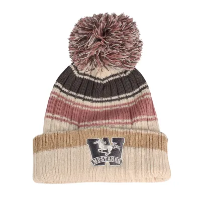 Cream toque with stripes of grey, rose, and tan. Multi coloured pom pom and Mustangs logo embroidered patch on the front in grey and white. One size.