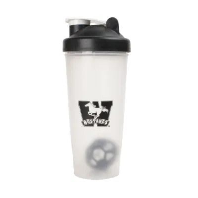 Translucent shaker bottle with black lid. The Mustangs logo is printed on the front in black. 20 oz capacity.