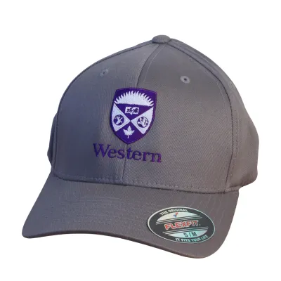 Grey flex fit cap in a size small/medium. The Western Crest is embroidered in purple and white on the front.