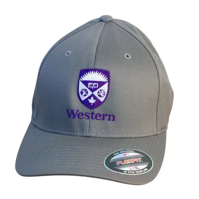 Grey flex fit cap in size large/extra large. The Western crest is embroidered in purple and white on the front.