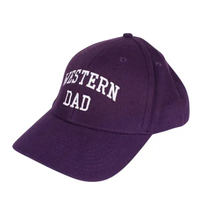 Purple hat with adjustable Velcro closure. 'Western Dad' embroidered on front in white. Made with 100% cotton. One size.