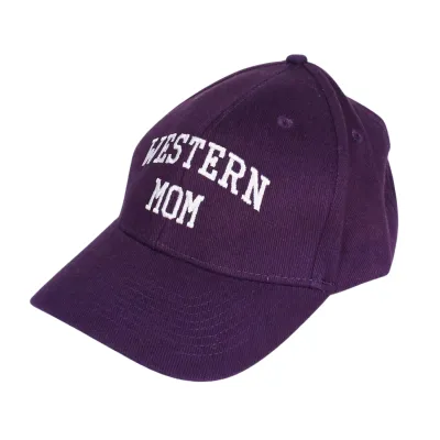 Purple hat with adjustable Velcro closure. 'Western Mom' embroidered on front in white. Made with 100% cotton. One size.