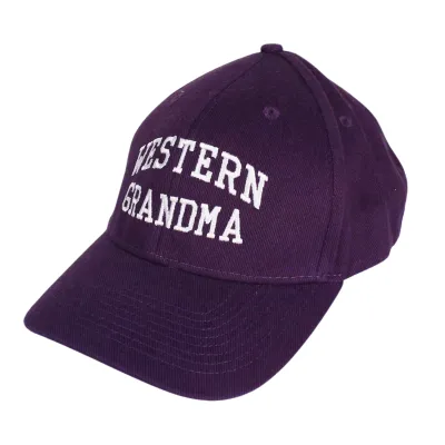 Purple hat with adjustable Velcro closure. 'Western Grandma' embroidered on front in white. Made with 100% cotton. One size.