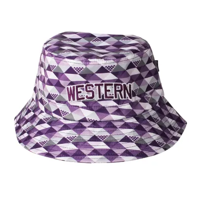 Bucket hat with purple, white, and grey prism design and 'Western' logo on the front with an adjustable drawstring. 