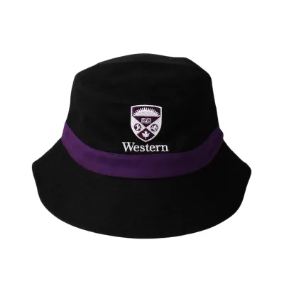 Black bucket hat with western purple band and crest logo on the front and black adjustable drawstring. 