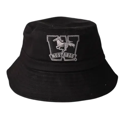 Black bucket hat with adjustable drawstring and Western Mustangs logo embroidered on the front in black.